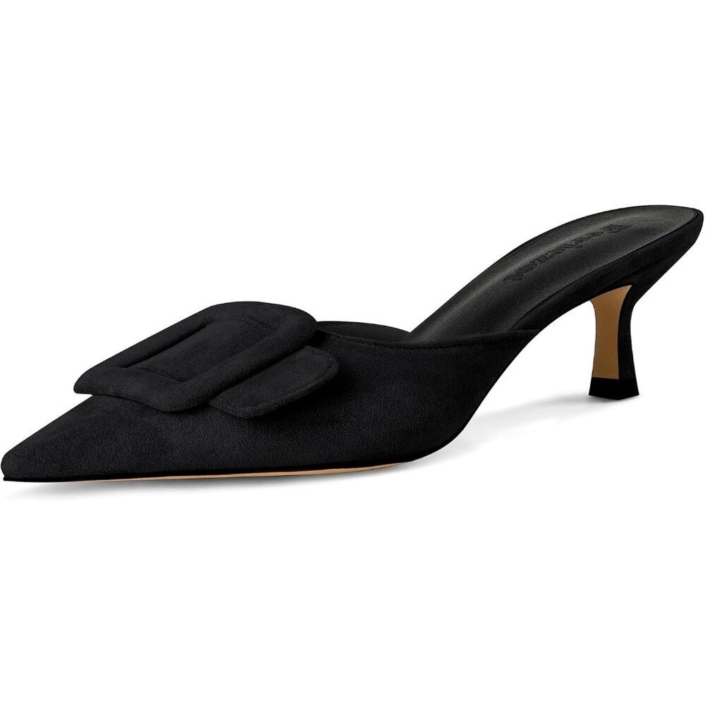 Women's Black Mule Slingback Buckle Pumps Pointed Toe Kitten Heels Shoe
